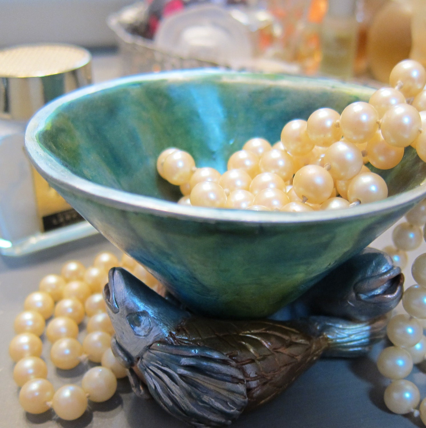 Seascape Koi Fish Jewelry Bowl in blue and green