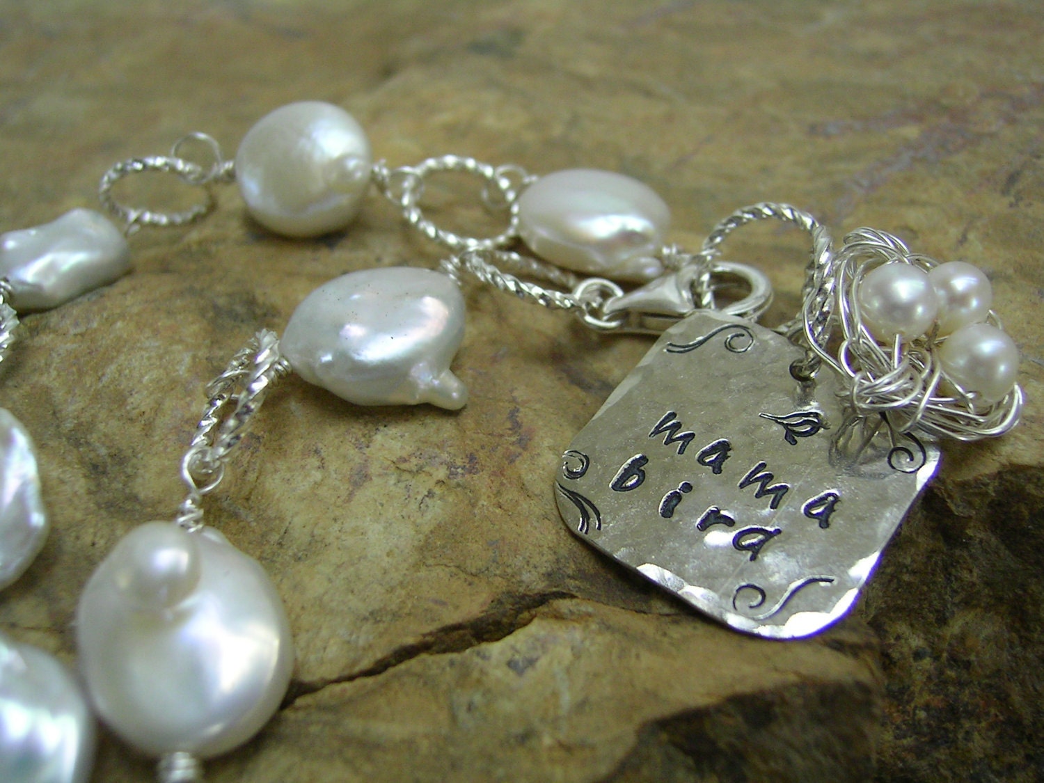 ON SALE Freshwater Coin Pearl Bracelet, Wire Wrapped Birds Nest,  Rustic Pearl, Mom Bracelet, Personalized