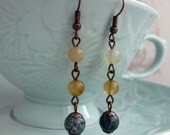 Buttermilk Zebra Jasper and Tri Colour Jade Earrings Hand Wrapped on Brass