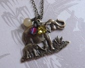 Brass Elephant Necklace Accented with Tri Colour Jade and Swarovski Crystal Charms