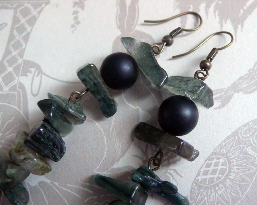 Green Quartz and Black Agate Earrings Hand Wrapped on Brass
