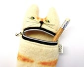 Pencil case,  Eyeglass case: Cute hungry cat pencil or eyeglass case handmade from  white wool
