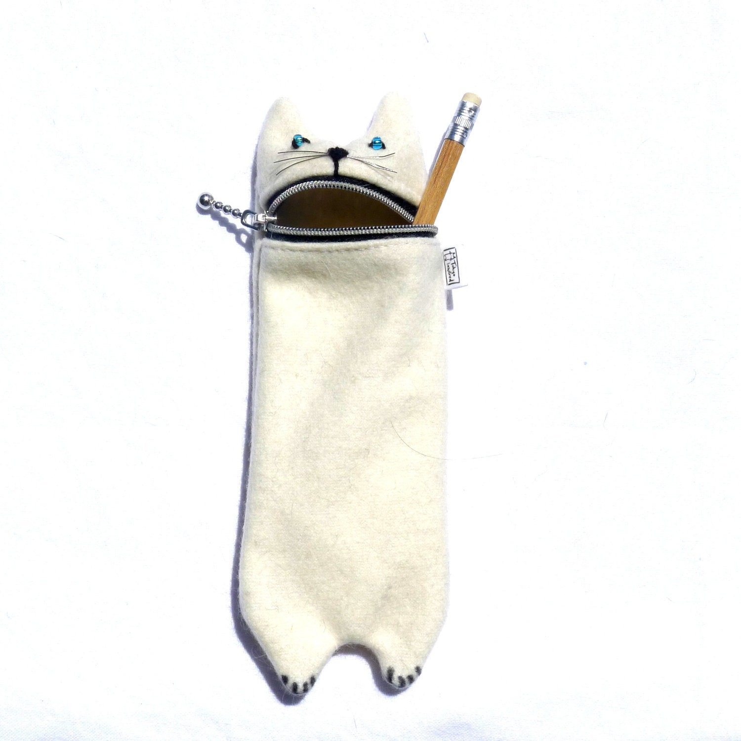 Pencil case, Eyeglass case: Cute hungry cat pencil or eyeglass case handmade from white wool