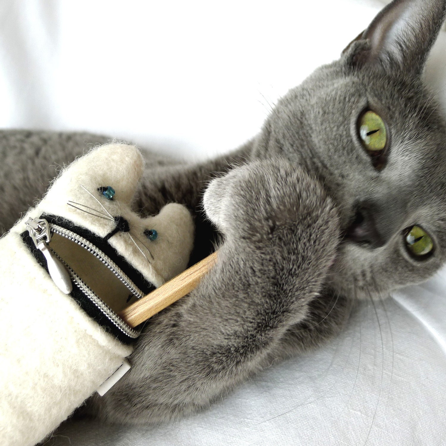 Pencil case,  Eyeglass case, Hungry cat, white wool