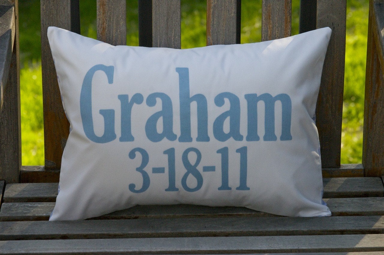 custom name and date pillow.  wedding, birth, graduation.  comes in any color or design.