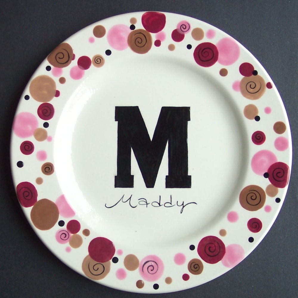 Personalized Initial DOTS Plate   Hand Painted
