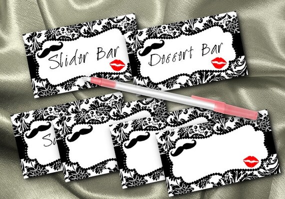 10 Blank Table Cards, Place Cards, Food Label Cards, Bridal Shower, Wedding Party, Bachelorette Party, Moustache, Kiss Il_570xn