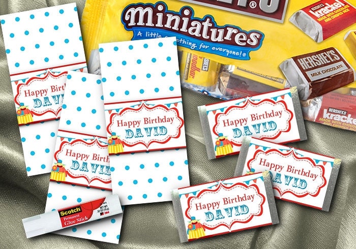 36 Hershey's Miniature Candy Wrappers, Birthday, Circus, Clowns, Balloons, Red, Blue Il_570xn