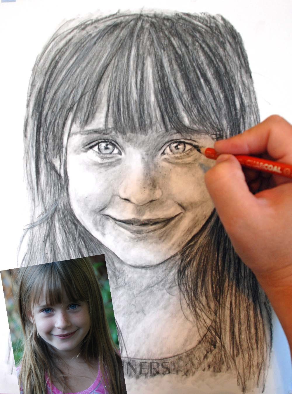 Custom Child Portrait Drawn in Charcoal Commissioned from Photos