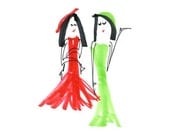 CRAZY LADIES - Printed Card -2  Black-haired Fashionistas Sisters Friends Bridesmaids Twins in Red & Green Dresses Hats