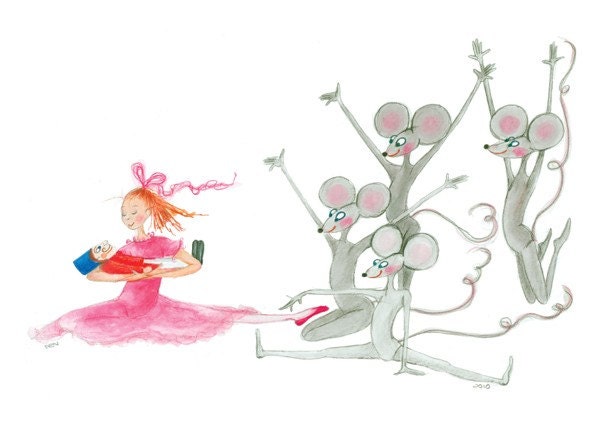 THE NUTCRACKER - Printed Card -  Clara & Mice - Sweet Clara in Pink Holding  Nutcracker while 4 Mischievous Grey Mice Frolic