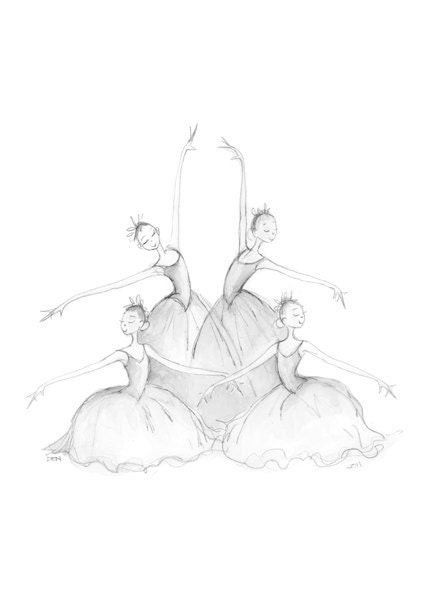 LES SYLPHIDES - Printed Card - Four Graceful, Classical  Ballerinas in Fluffy Tutus in Shades of Black, White and Grey