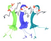 CRAZY LADIES - Charleston - Poster (Printed) 18" (wide) x 12" (high) 3 Redhead 1920s Flappers in Green Purple-Blue Teal Doing Charleston