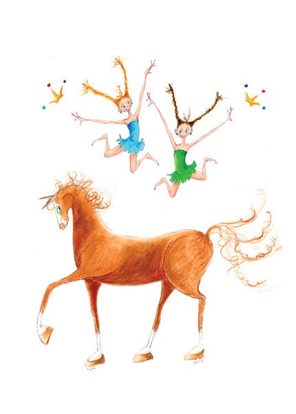 Little Lady Godiva - INDI, IRIS and JANIE - Poster (Printed) 18" (high) x 12" (wide) 2 Girls in Green  Blue Jumping Above  Red Horse