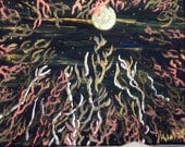 Fine Art, Original Painting,Acrylic Painting, Trees, Full Moon, 11x14 Wrapped Canvas,Wall Art