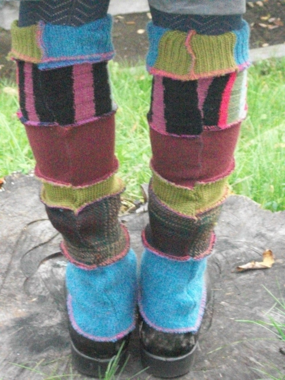 Harry and the Hippie Chic Upcycled Recycled Reconstructed Ooak Blue Multi Patchwork Leg Warmers
