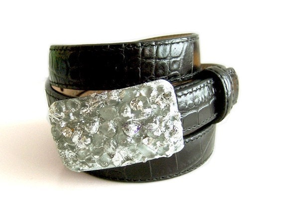 Military Style Petite Belt Buckle Recycled Glass and Swarovski Crystals Embellished Silver Nugget