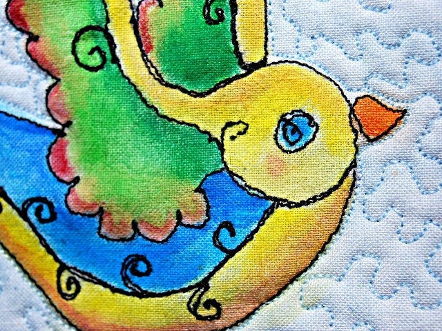 Quilted Wallhanging Colorful Bird Hand Painted Small