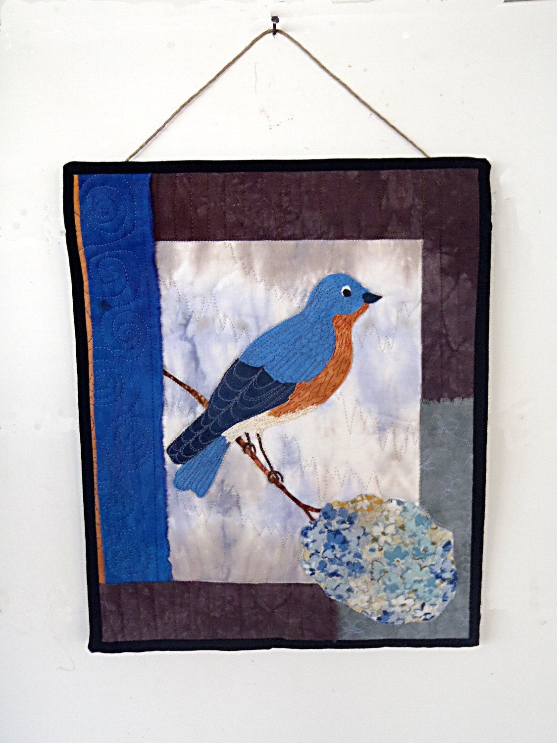 Quilted Wallhanging of Bluebird with Hydrangea