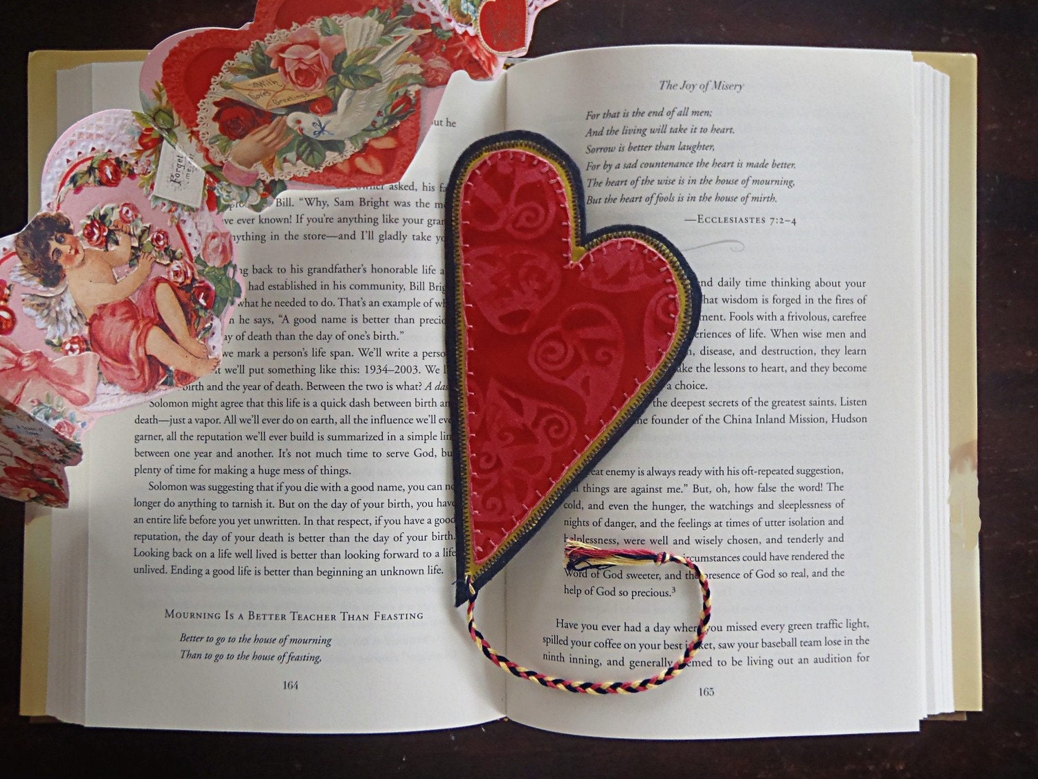 Red Heart Bookmark, red fabric with curly hearts