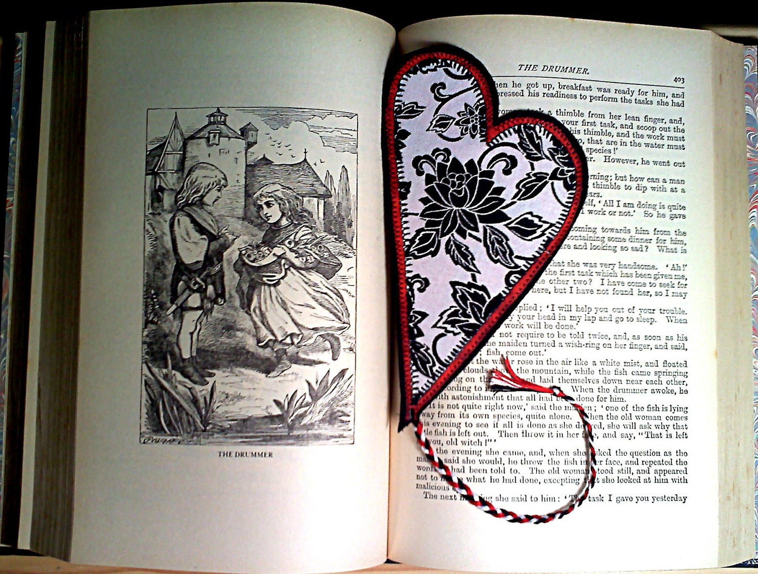 Bookmark Heart Shaped Quilted Black and White Flower Damask Fabric