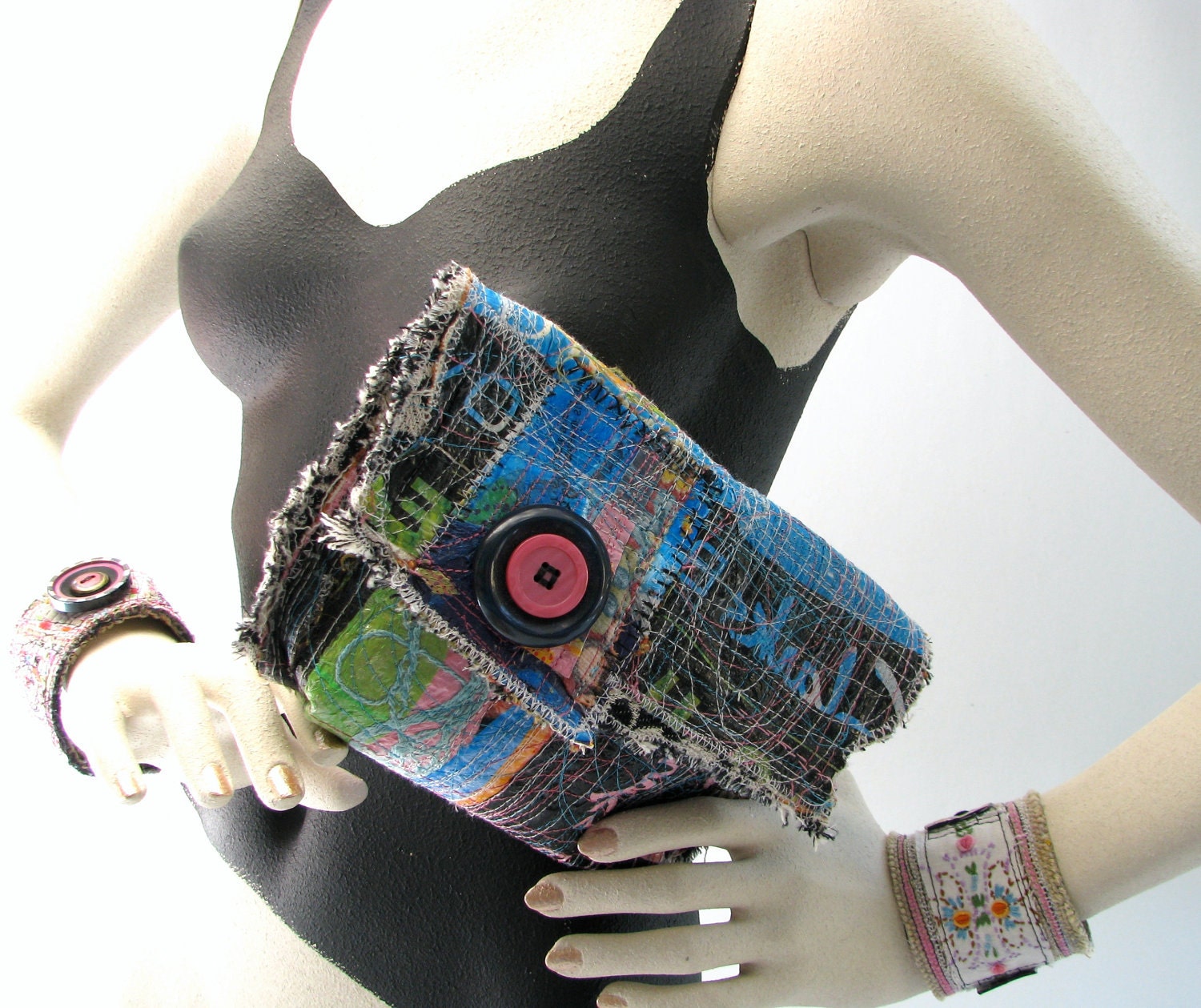 Clutch Bag Upcycled One of a Kind Black and Blue Handmade