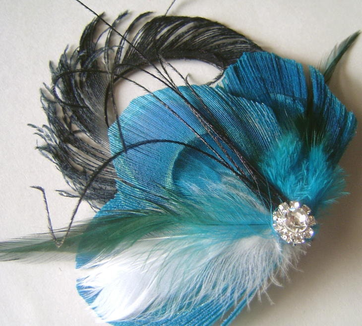 Peacock Hair Clip VERONICA Bridal Turquoise Peacock Feather and Rhinestone Hair Fascinator Clip  Ready to Ship