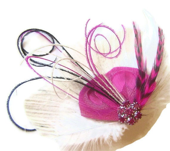 50% OFF PINK TIGER Peacock Feather Hair Fascinator Clip Ivory White and Fuchsia with Pink Grizzly Feather