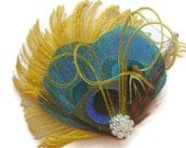 Peacock Hair Clip GOLDEN YELLOW Sophia Peacock and Sword and Rhinestone Wedding Hair Fascinator Clip