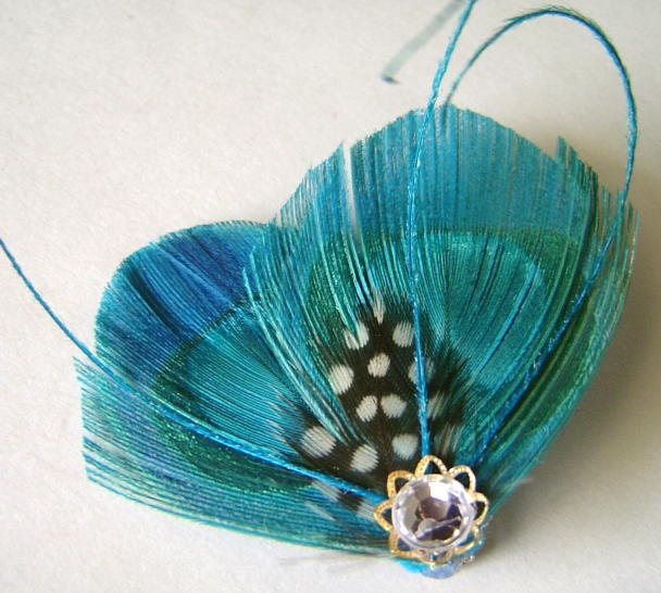 LYNN in Turquoise Blue Peacock and Guinea Feather Rhinestone Hair Wedding Fascinator Clip Bobby Pin Ready to Ship