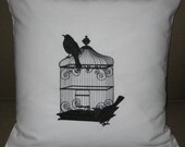 Black Bird Cage Pillow Cover 18" x 18" White Cotton Fabric with Black Embroidery