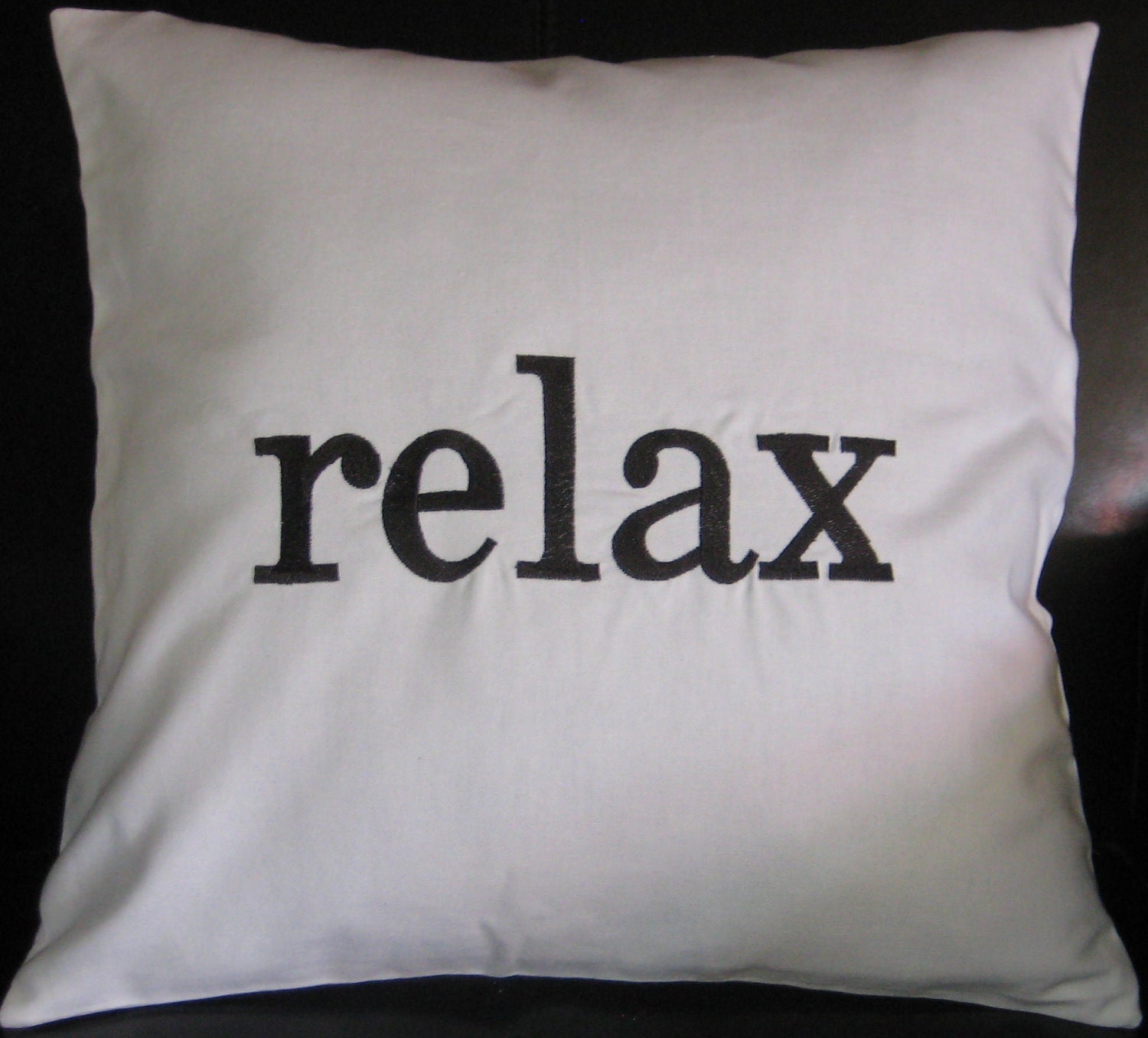 Relax Pillow Cover 18" x 18" White Cotton Fabric with Black Embroidery