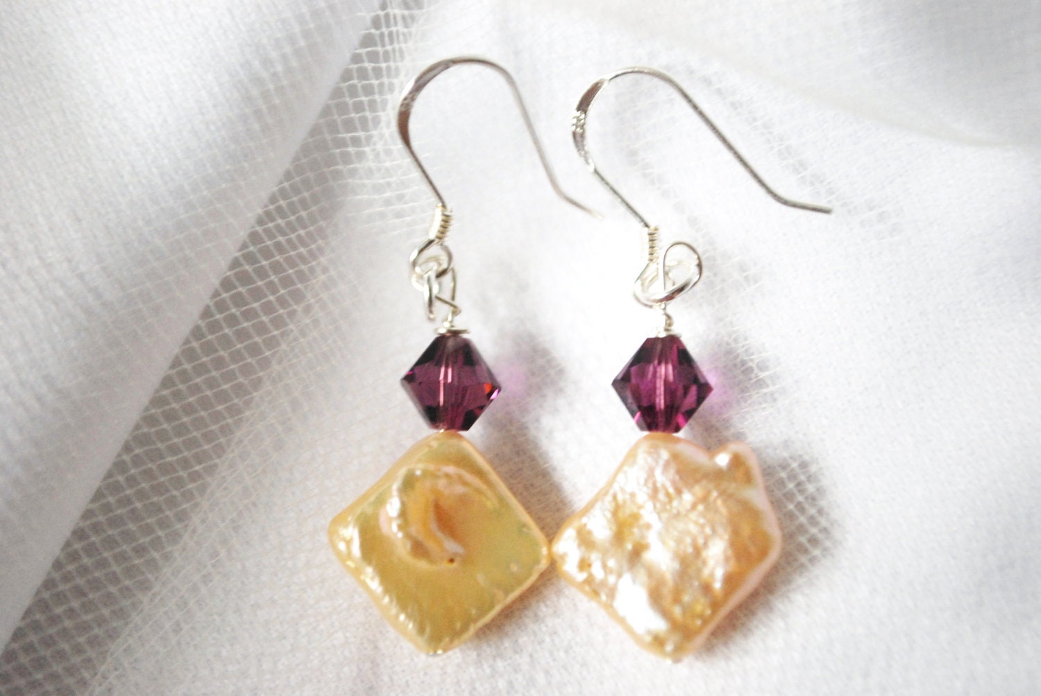 Freshwater Pearl Earrings with Purple Swarovski Crystals, Sterling Silver