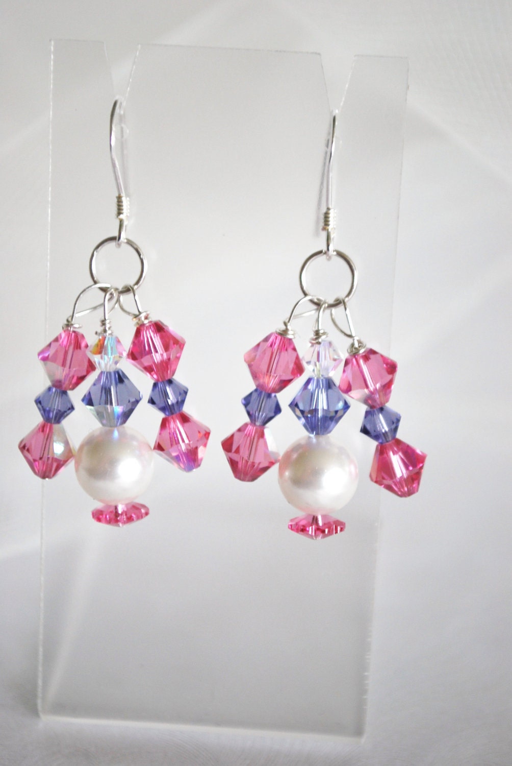 Pink and Purple Earrings, Pink and Purple Swarovski Crystal and Swarovski Pearls, Sterling Silver