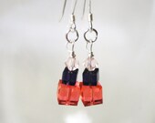 Peach and Purple Earrings, Peach and Purple Swarovski Cubes, Sterling Silver