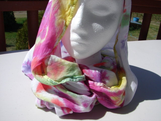 Rayon infinity scarf, hand tie-dyed, soft and wearable art.