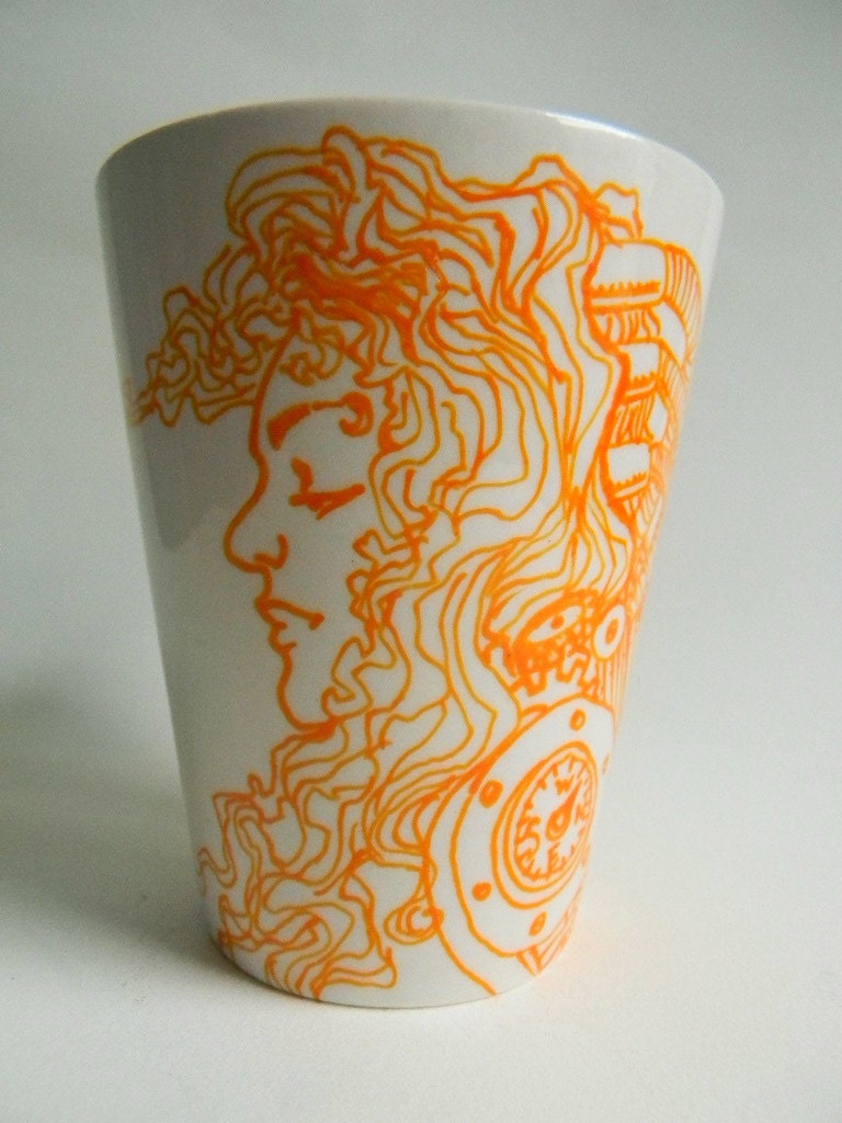Hand drawn mug with Womans Face, compass, light bulbs & gears