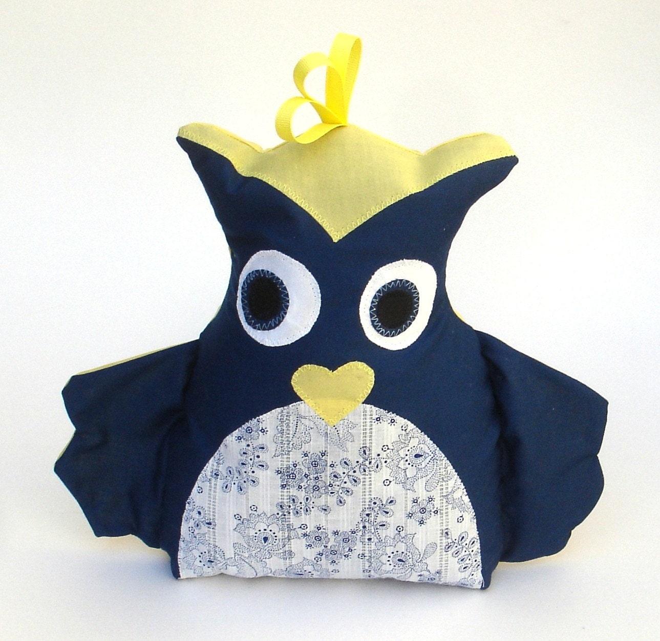 Handmade Stuffed Owl, Navy Blue and Yellow Owl Pal with Floral Paisley Belly - Stuffed Animal