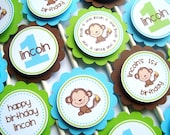NEW Lil Monkey Cupcake Toppers, Turquoise, Brown and Green Cupcake Flags, Baby Shower Cupcake Toppers