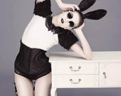 Black Bunny Rabbit Furry Ears Fascinator Burlesque Avant Garde High Fashion Quirky Unique Headpiece - PearlsandSwine