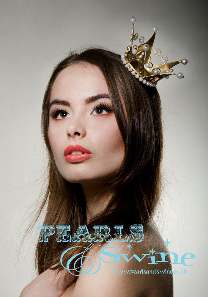 Crown Tiara Extraordinary Bridal Headwear Wedding Bride Headpiece Hat Prom Queen Princess Unique Gold Crystals Millinery  by Pearls & Swine