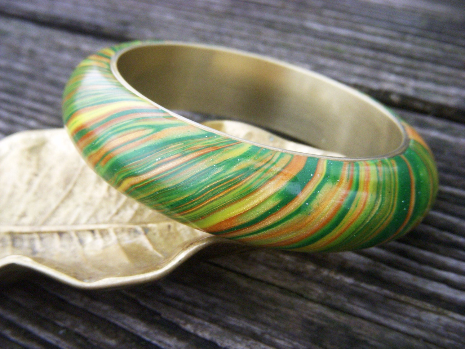 Metallic Green and Gold Polymer Clay and Brass Bangle