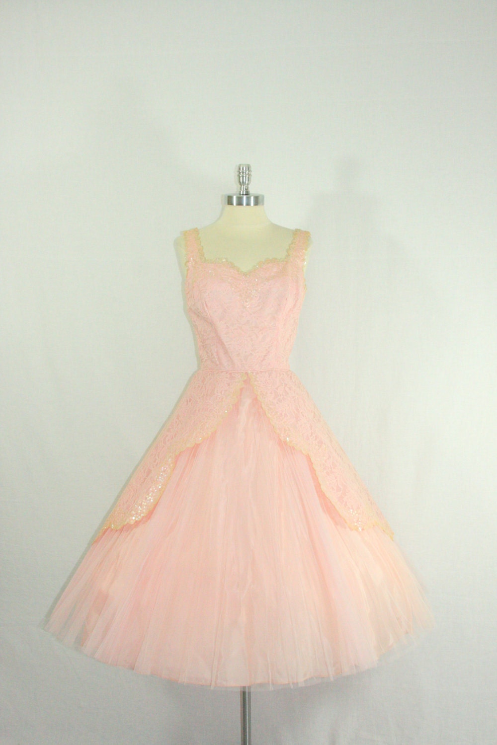 OH HOLD...............1950's Vintage Dress - Pastel Pink Lace Tulle and Sequins Cupcake Dream Summer Wedding Frock