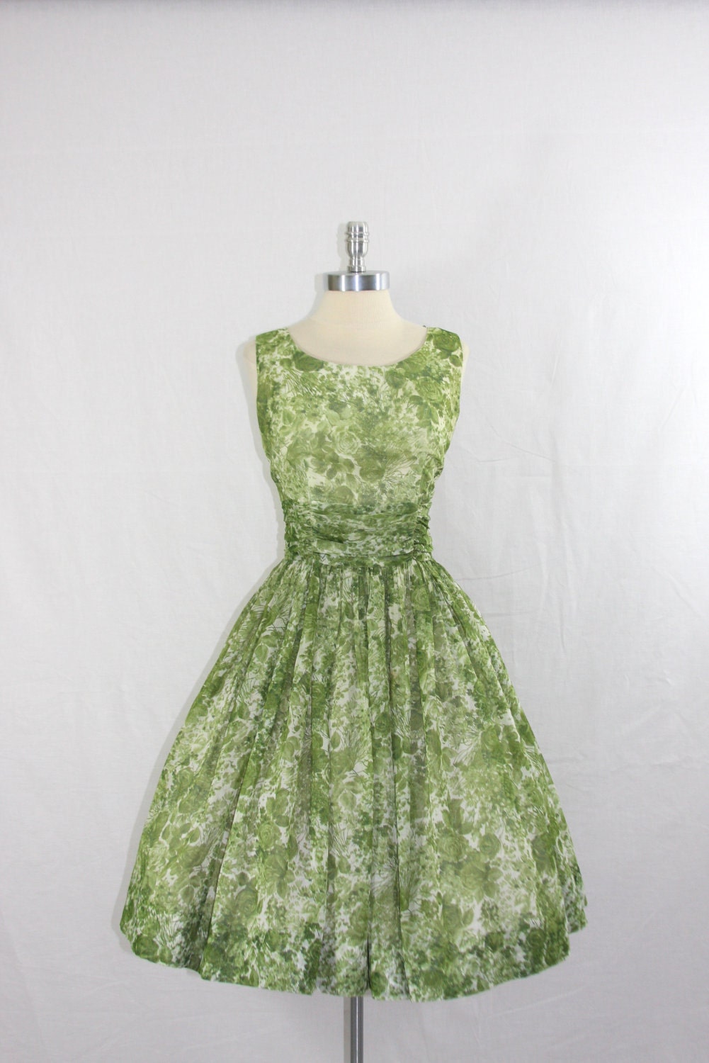 1950s Party Dress - Vintage Summer Green and White Floral Chiffon Sleeveless Garden Party Frock