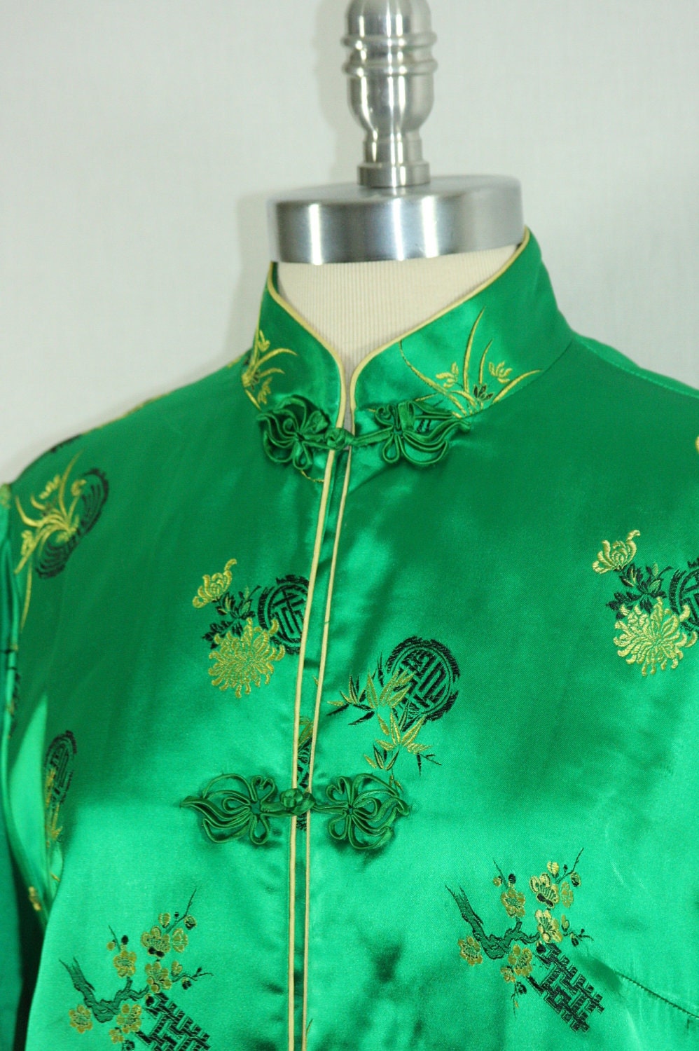 1950's Vintage Coat - Fabulous Silk Emerald Green Asian Rayon Long Jacket