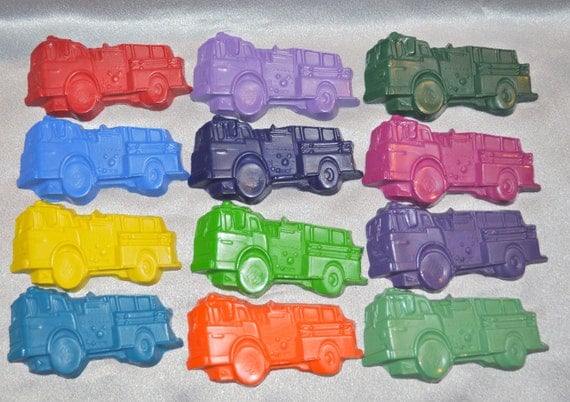 Recycled Crayons 24 Fire Truck and 24 Firemen Hats Shaped / Total of 48. Il_570xn