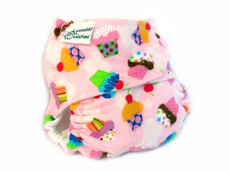 Fitted Cloth Diaper, OS, Flannel - Cupcakes, Pink