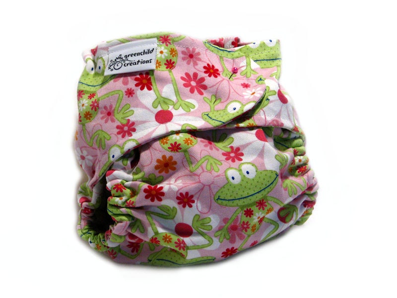Fitted Cloth Diaper, OS, Cotton Twill - Frogs, Pink, Flowers