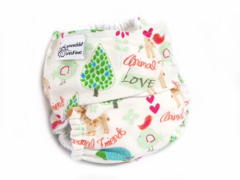 Fitted Cloth Diaper, OS, Flannel - Animal, Friends, Giraffe, Birds, Turtles, Trees