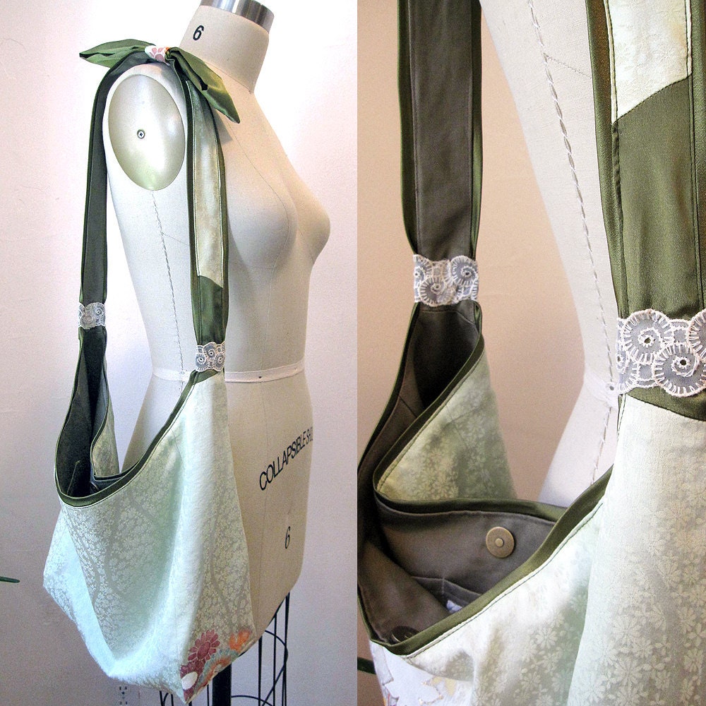 Boho Kimono large shoulder bag - One of a kind Vintage kimono silk and organic cotton canvas